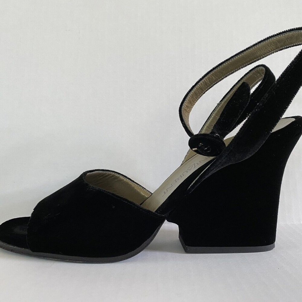 YSL Yves Saint Laurent Italy Black Velvet Ankle Strap Wedges Heels Shoes 7 M